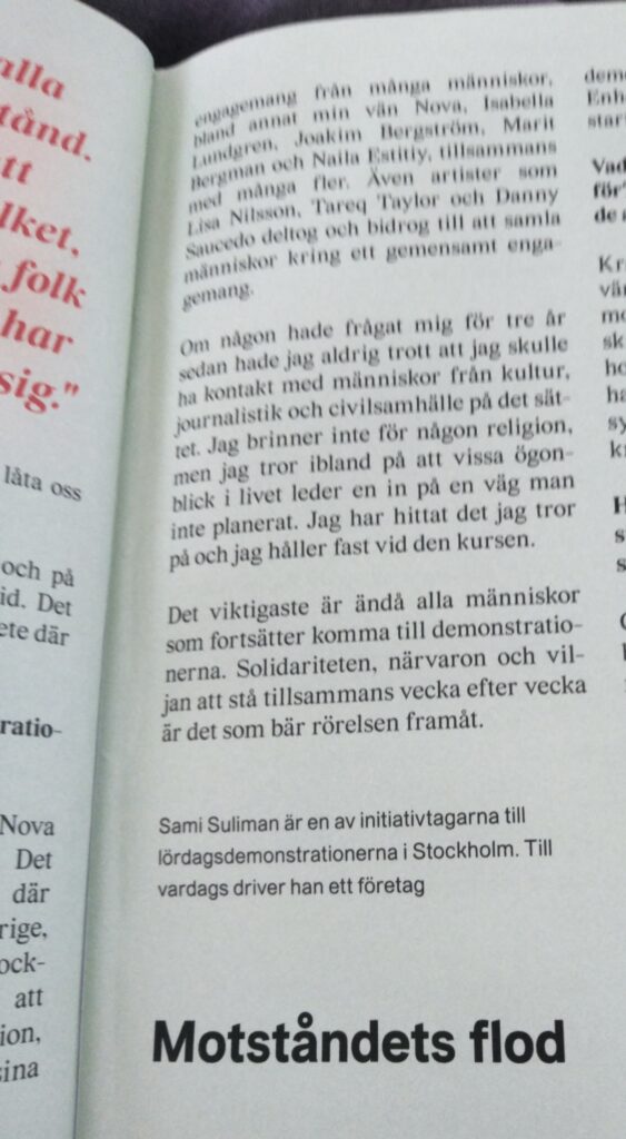 Sista sidan av Brand-intervjun med Sami Suliman. Presentationsraden lyder: "Sami Suliman är en av initiativtagarna till lördagsdemonstrationerna i Stockholm. Till vardags driver han ett företag."