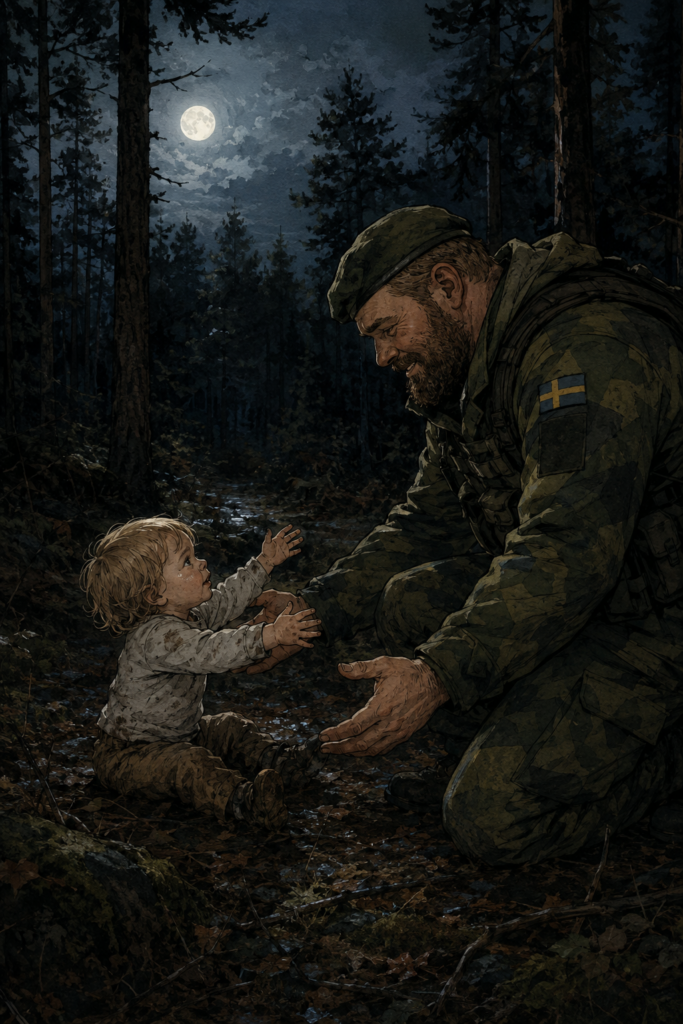 Illustration av en hemvärnsoldat som knäböjer i en mörk skog vid fullmåne. En liten blond pojke sitter på marken och sträcker armarna mot honom. Svenska flaggan syns på soldatens arm.