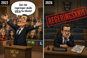 Satirisk tecknad bild i två delar. 2022: politiker gestikulerar triumferande i riksdagen med texten Den här regeringen skulle aldrig ha tillsats. 2026: samme politiker sitter ensam och nedstämd med stämpeln REGERINGSKRIS över bilden
