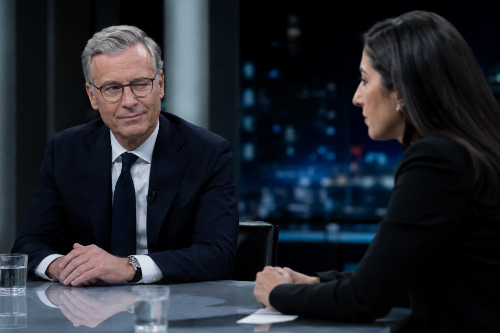 Två personer vid ett debattbord i TV-studio. En man i kostym tittar med ett beräknande leende på en kvinna som sitter mitt emot honom.