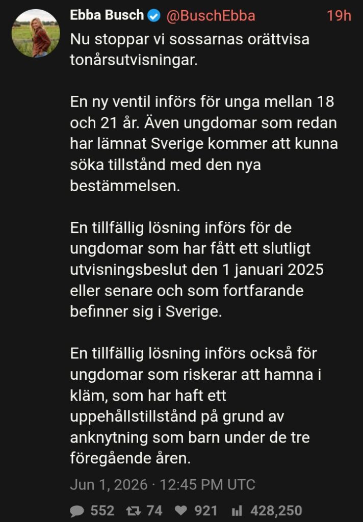 Skärmdump av Ebba Buschs tweet 1 juni 2026: "Nu stoppar vi sossarnas orättvisa tonårsutvisningar."