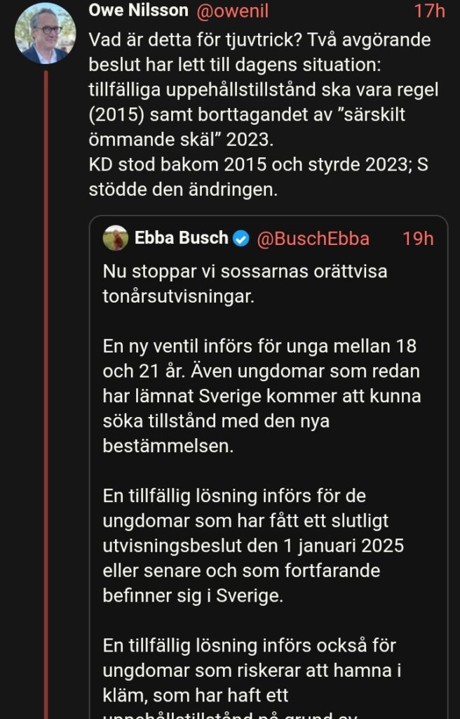 Skärmdump av Owe Nilssons svar på Ebba Buschs tweet där han påpekar att KD stod bakom besluten 2015 och 2023