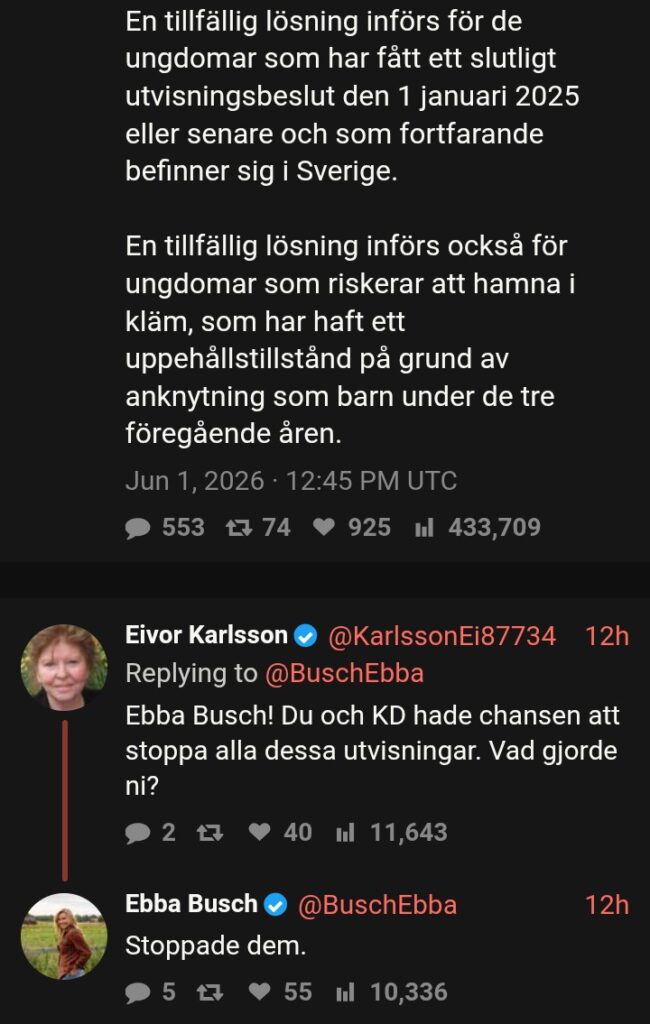 Skärmdump av Ebba Buschs svar "Stoppade dem." på frågan vad hon och KD gjort åt tonårsutvisningarna.