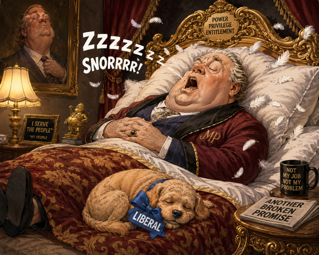 Satirisk tecknad bild av en välfödd politiker i lyxig säng med texterna "Power Privilege Entitlement" på sänggaveln och "Another Broken Promise" på en tidning. En hund med blått LIBERAL-band sover vid hans fötter.