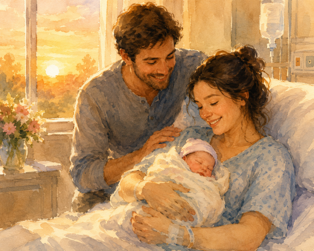 Akvarellillustration av en nybliven mamma i en sjukhussäng som håller sitt nyfödda barn i famnen. En man står bredvid med handen på hennes axel. Morgonsolen lyser in genom fönstret och fyller rummet med varmt gyllene ljus.
