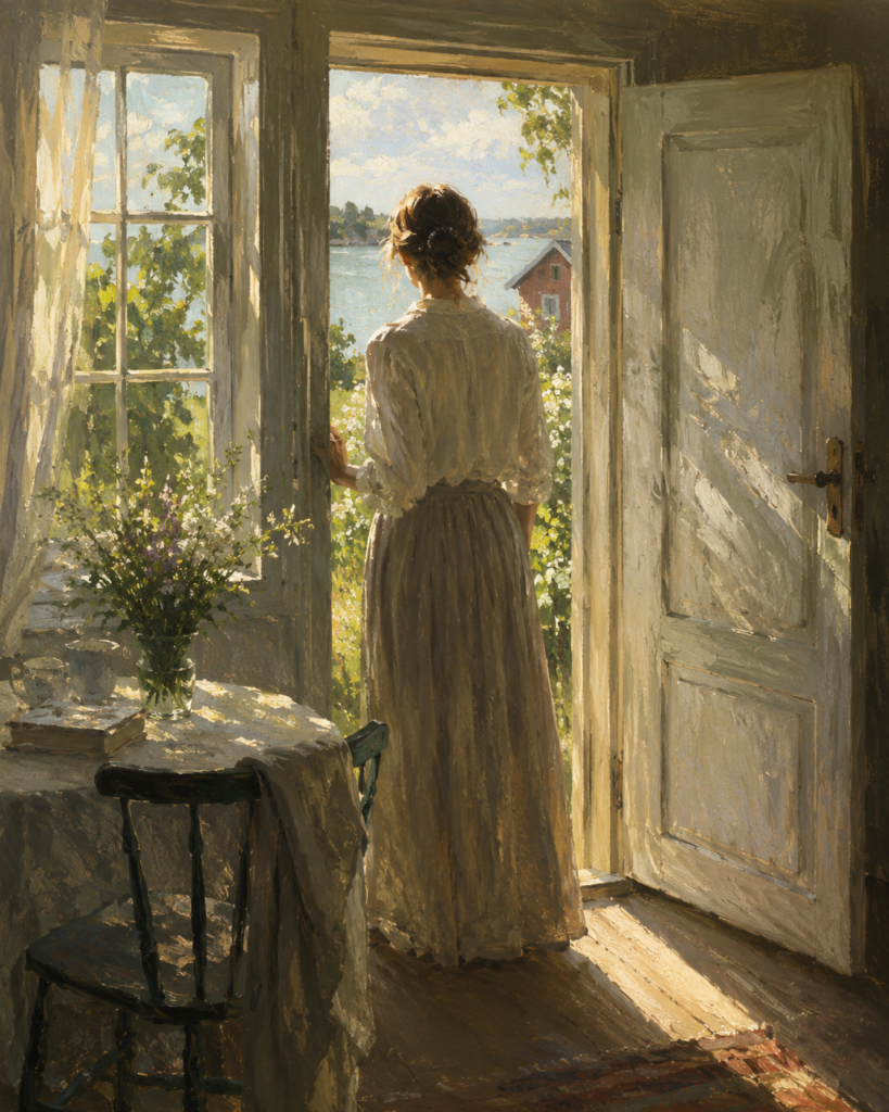Kvinna sedd bakifrån står i en öppen dörr mot sommarljus och hav, impressionistisk oljemålning.