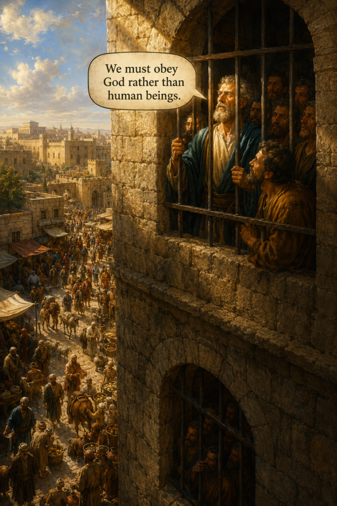 Petrus och apostlarna fängslade i ett torn i Jerusalem. Petrus håller i gallret och blickar uppåt mot ljuset. Nedanför myllrar stadens liv.