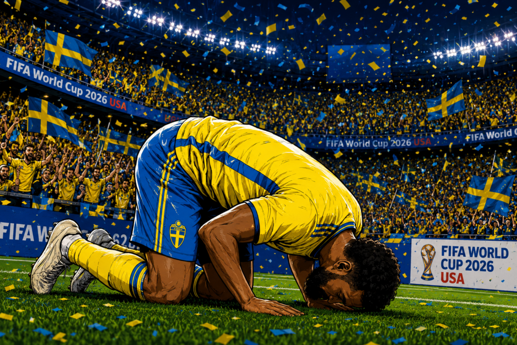 En tecknad bild av en fotbollsspelare i Sveriges gula landslajströja som knäböjer i islamisk bön, sajdah, på en fotbollsplan. Arenan är fullsatt med svenska flaggor och blågul konfetti. Reklamskyltar visar FIFA World Cup 2026 USA.