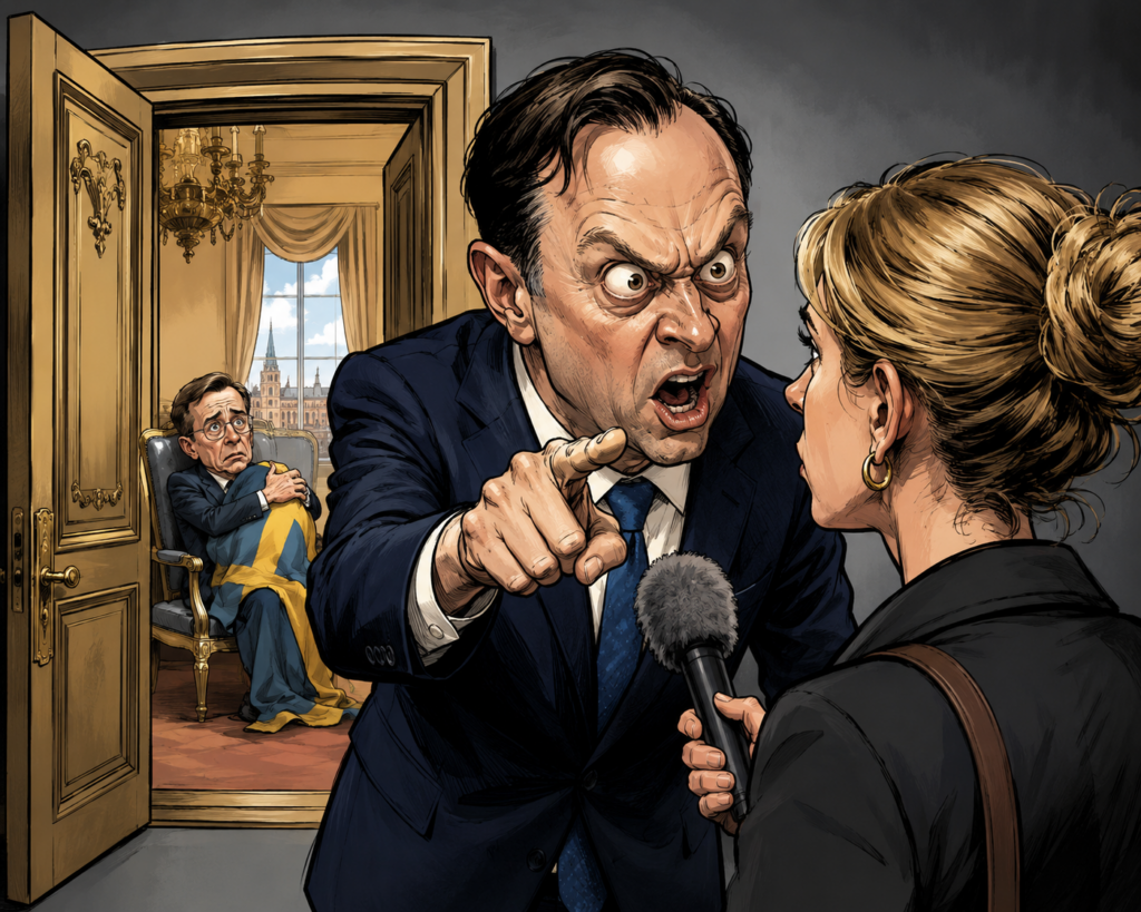 Satirisk illustration. En rasande minister i kostym pekar aggressivt på en kvinnlig journalist med mikrofon. Bakom honom, genom en öppen dörr, sitter en sårbar statsminister ihopkrupen med svenska flaggan. Ministern ser inte vad som händer bakom honom.