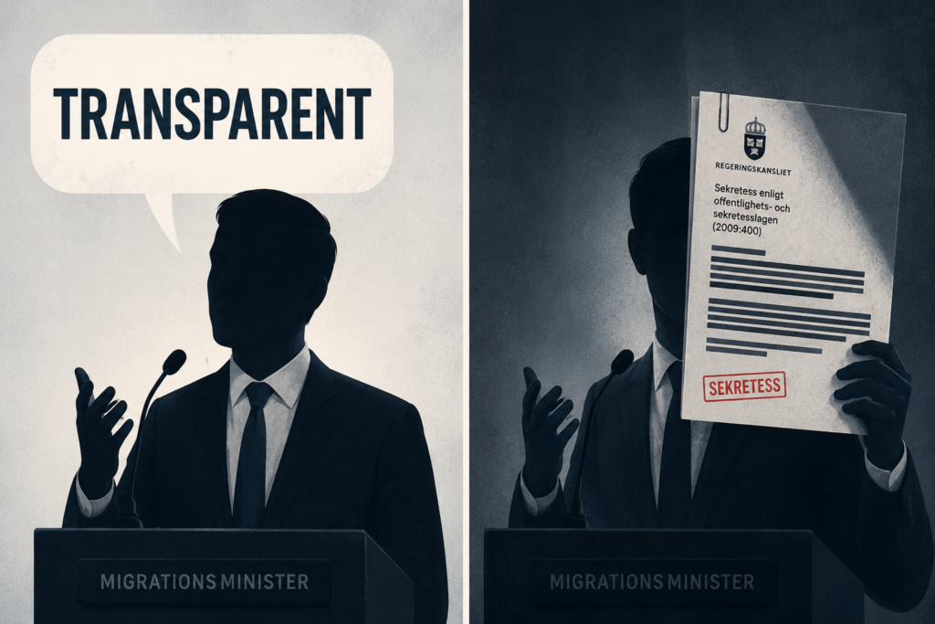 Delad bild av en anonym silhuett vid ett podium märkt 'Migrationsminister'. Till vänster syns en pratbubbla med ordet 'TRANSPARENT'. Till höger håller samma silhuett upp ett officiellt dokument stämplat 'SEKRETESS', med hänvisning till offentlighets- och sekretesslagen