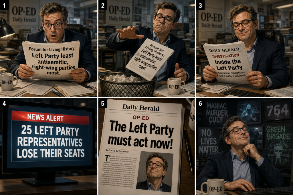 Sex tecknade rutor som visar en ledarskribent på en tidningsredaktion. I ruta ett läser han förskräckt en rapport med rubriken "Forum för Levande historia: Vänsterpartiet minst antisemitiska, högerpartier mest." I ruta två kastar han rapporten i papperskorgen. I ruta tre plockar han nöjt upp tidningens egen granskning av Vänsterpartiet. Ruta fyra visar en nyhetsalert: "25 vänsterpartister förlorar sina platser." Ruta fem visar löpsedeln "Vänsterpartiet måste agera nu!" I ruta sex sitter han road och obekymrad, medan namnen Maniac Murder Cult, No Lives Matter, 764 och Green Brigade syns i bakgrunden.