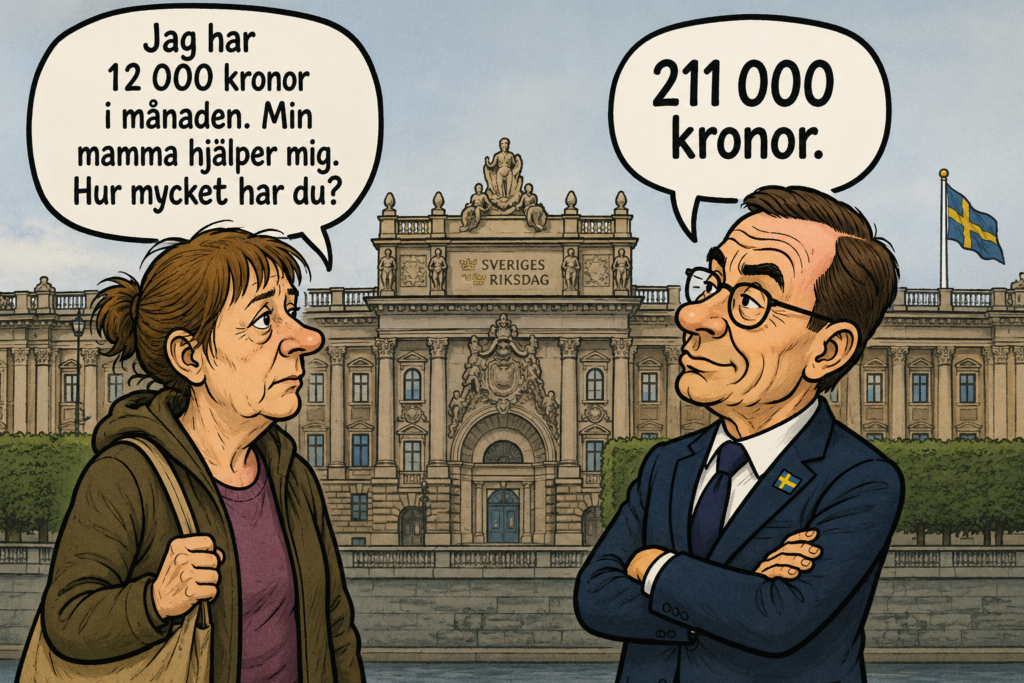 Tecknad illustration av en kvinna i 50-årsåldern i grön jacka med axelremsväska, som frågar en tecknad statsminister i kostym med armarna i kors: "Jag har 12 000 kronor i månaden. Min mamma hjälper mig. Hur mycket har du?" Statsministern svarar "211 000 kronor." I bakgrunden syns Riksdagshuset och en svensk flagga.