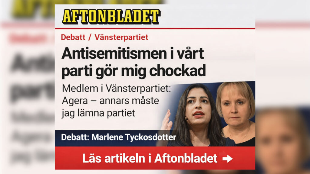 Porträtt av Marlene Tyckosdotter, skribent i debattartikel om antisemitism i Vänsterpartiet, med stiliserad representation av Nooshi Dadgostar och Aftonbladet-debattlayout.