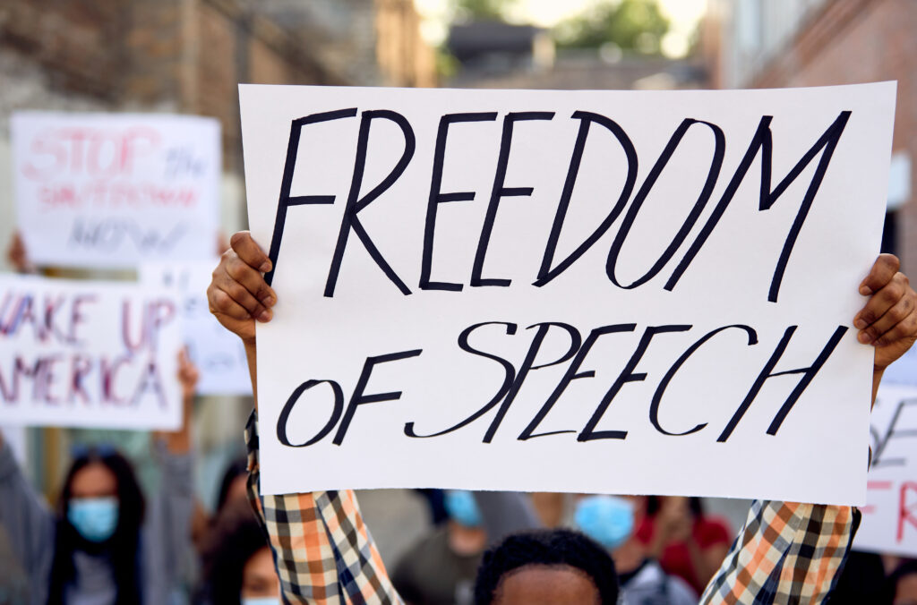 En person som håller upp en handskriven protestskylt med texten "FREEDOM OF SPEECH" under en demonstration.